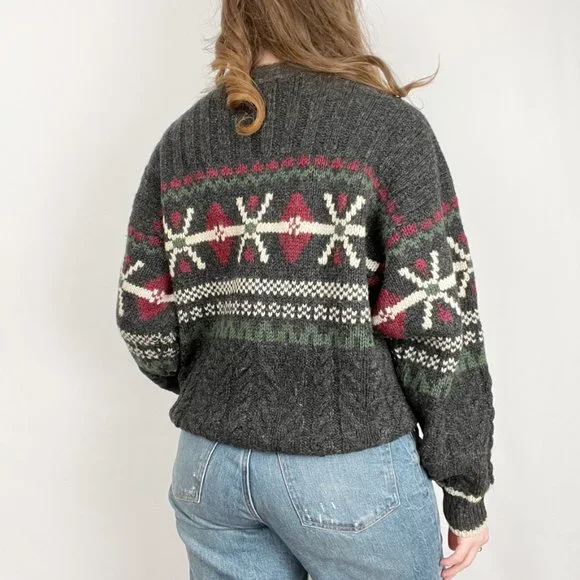 Vintage Fair Isle Cable Knit Oversized Sweater Christmas Cozy Wool Scandinavian - Picture 3 of 6